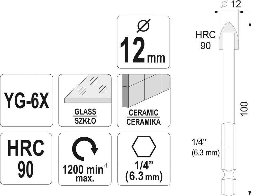 Grąžtas STHOR grąžtai DO SZKŁA I CERAMIKI 12mm HEX