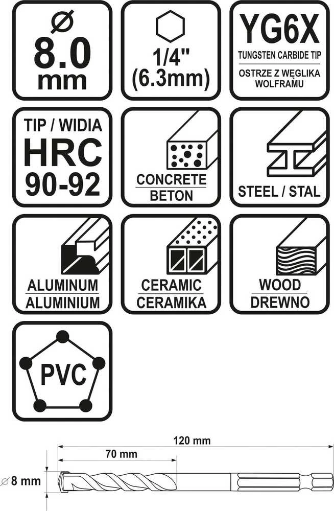 Toya Sa Poland Grąžtas universalus su Hex 6.3 mm (1/4") galu | 8.0 mm (21690)