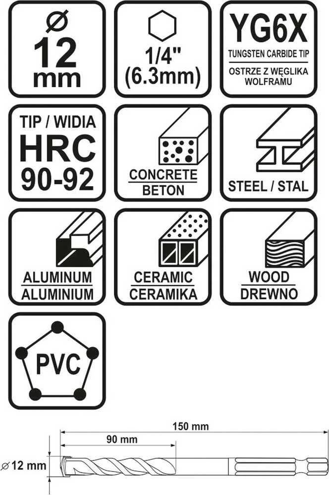 Toya Sa Poland Grąžtas universalus su Hex 6.3 mm (1/4") galu | 12.0 mm (21692)