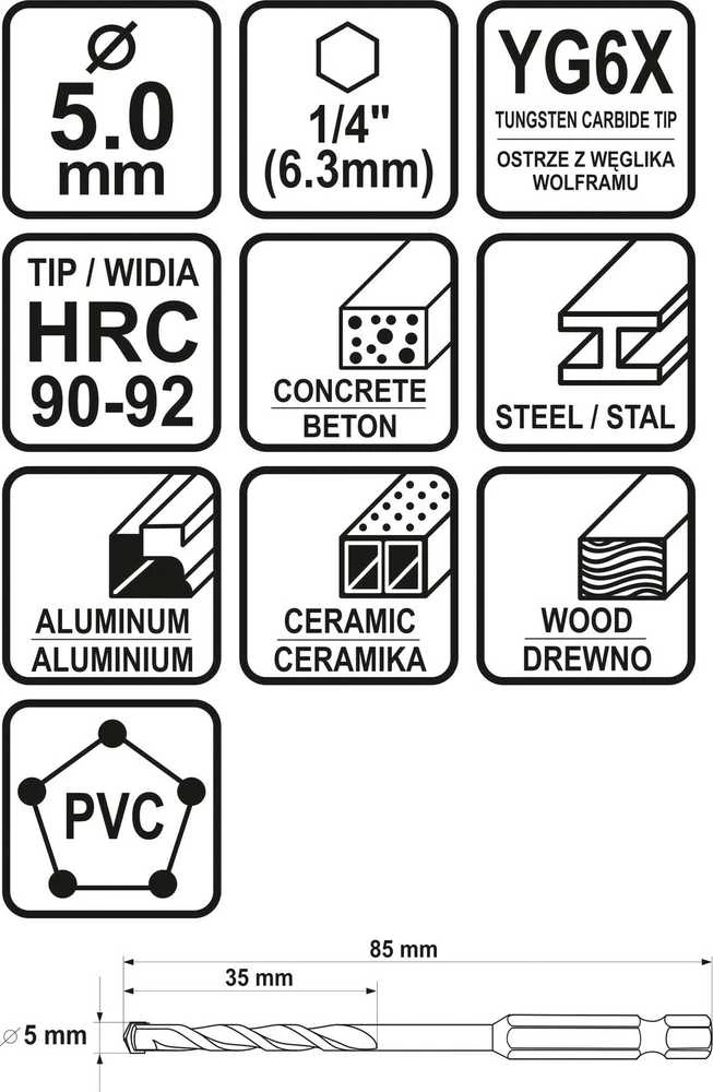 Toya Sa Poland Grąžtas universalus su Hex 6.3 mm (1/4") galu | 5.0 mm (21684)
