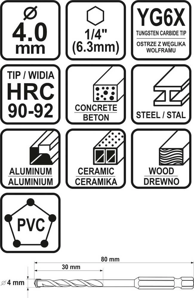 Toya Sa Poland Grąžtas universalus su Hex 6.3 mm (1/4") galu | 4.0 mm (21682)