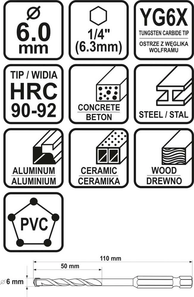 Toya Sa Poland Grąžtas universalus su Hex 6.3 mm (1/4") galu | 6.0 mm (21686)