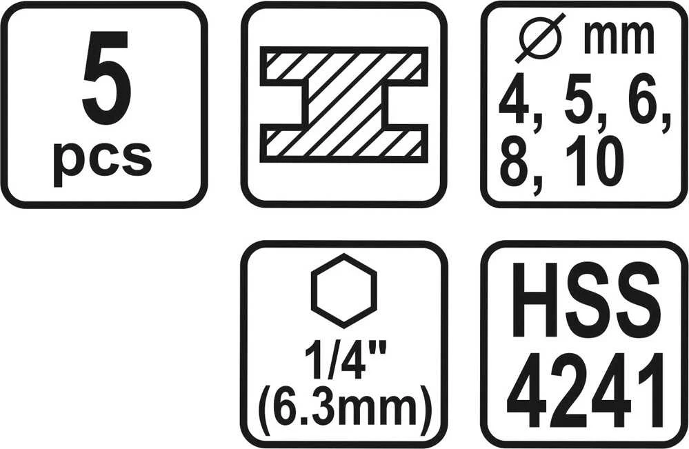 Grąžtas Toya Sa Poland Grąžtų rinkinys su Hex 6.3 mm (1/4") galu | HSS 4241 | 4 - 10 mm | 5 vnt. (21650)