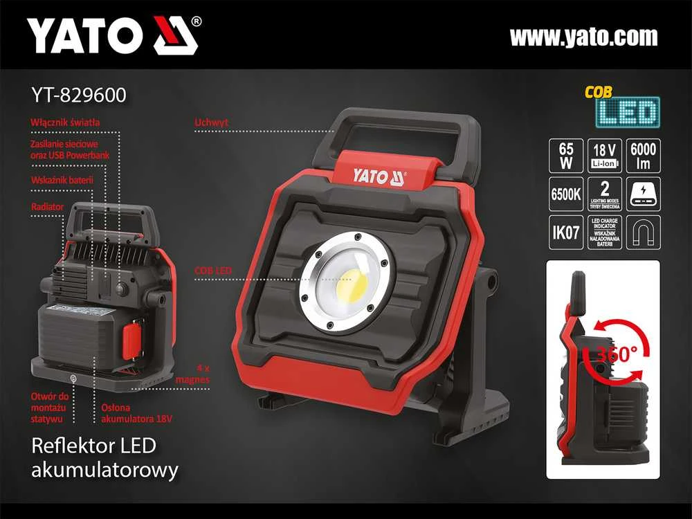 Toya Sa Poland Akumuliatorinis šviesos diodų prožektorius | 18V, 6000 LM, 65W | be akumuliatoriaus (YT-829600)