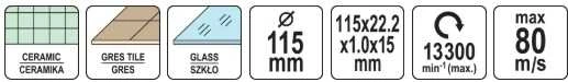 Toya Sa Poland Deimantinis pjovimo diskas | stiklas, plytelės | 115 mm X 1.0 X 22,23 mm (YT-59940)
