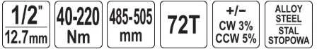 Yato Toya Sa Poland Dinamometrinis raktas | 12.5 mm (1/2") | 40 - 220 Nm (YT-07676)