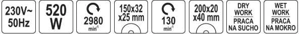 Toya Sa Poland Elektrinis galąstuvas | šlapias/sausas | varinė apvija | YATO PREMIUM | 520W (150X32 mm) (YT-822112)