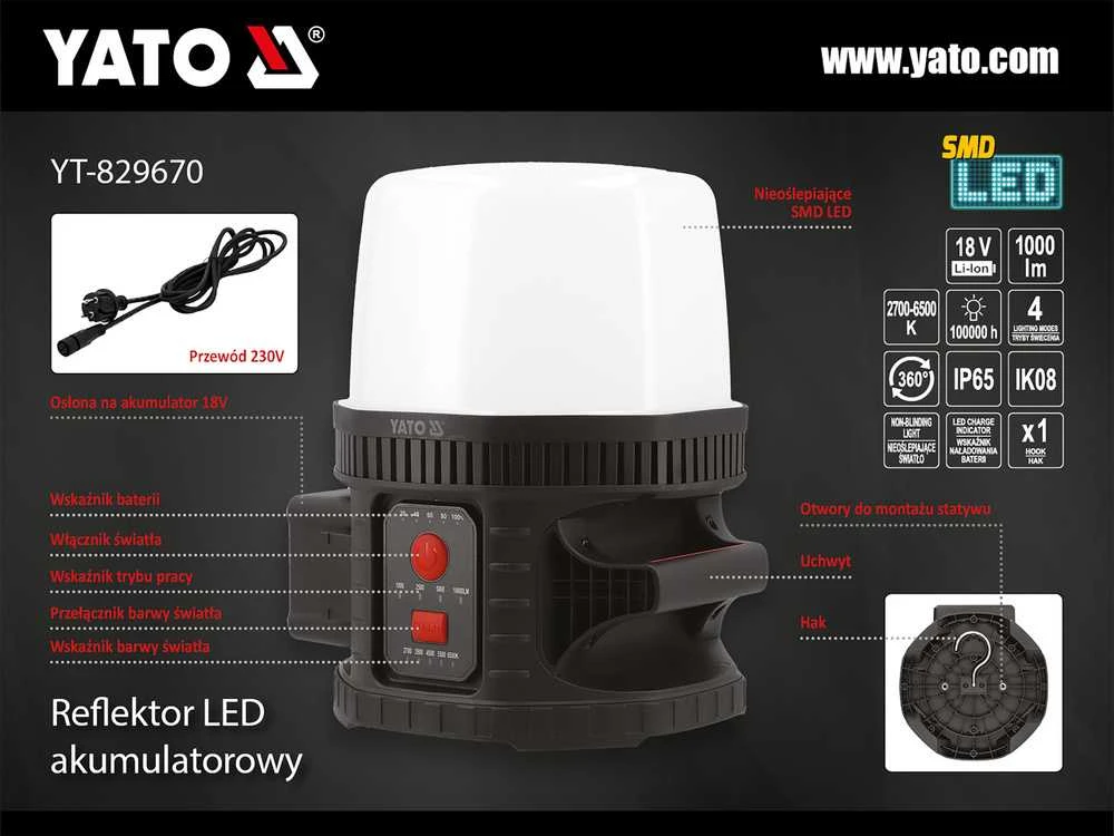 Toya Sa Poland Galingas nešiojamas neakinantis prožektorius su abažūru | 18V 10000LM 360°, IK08 (YT-829670)