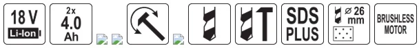 Yato Toya Sa Poland Akumuliatorinis perforatorius SDS Plus su bešepetėliu varikliu, 18 V, 2,8 J, 2 x 4 Ah (YT-827724)