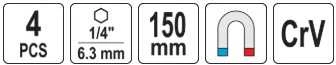 Toya Sa Poland Antgaliai - galvutės magnetinės CR-V | 1/4" | 150 mm | 4 vnt | 6-13 mm (YT-04642)