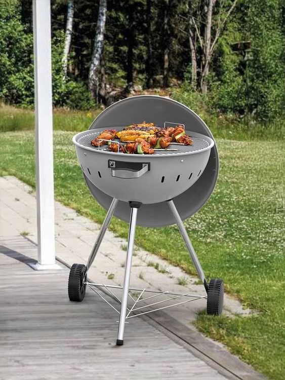 Toya Sa Poland Apvalus anglies grilis, lauko gaminimui, didelis 54 cm kepimo paviršius, nešiojamas sodo grilis, pilkas BBQ
