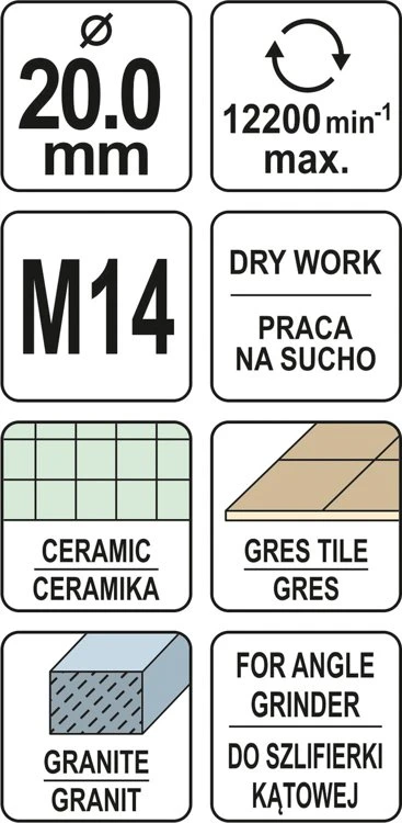 Grąžtas Deimantinė gręžimo karūna sausam pjovimui Yato YT-60444; M14; 20 mm