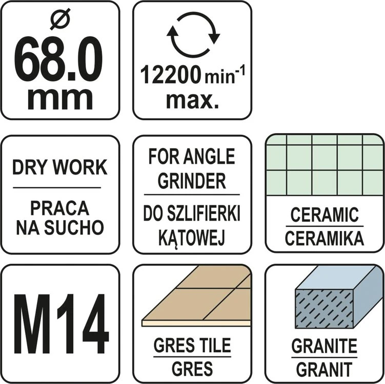 Grąžtas Deimantinė gręžimo karūna sausam pjovimui Yato YT-60447; M14; 68 mm