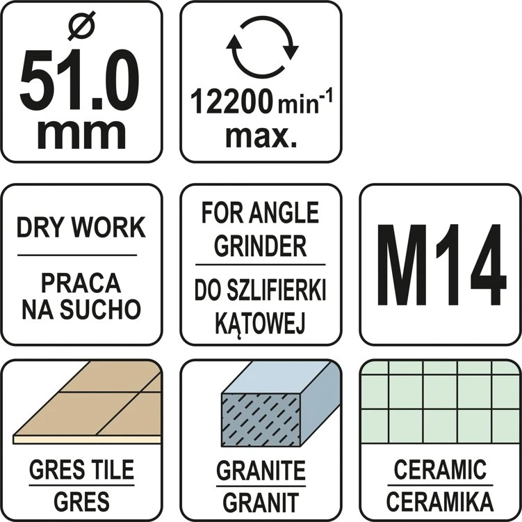 Deimantinė gręžimo karūna sausam pjovimui Yato YT-60446; M14; 51 mm
