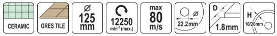 Yato Toya Sa Poland Deimantinis pjovimo diskas keramikai | 125 × 22,23 mm, segmentas 1,8 × 10/20 mm (YT-59973)