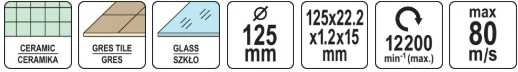 Yato Toya Sa Poland Deimantinis pjovimo diskas | stiklas, plytelės | 125 mm X 1.2 X 22,23 mm (YT-59941)