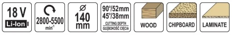 Yato Toya Sa Poland Diskinis pjūklas giluminis akumuliatorinis | 140 mm | 52 (90˚) 38 (45˚) mm | 18V | be baterijos (YT-821702)