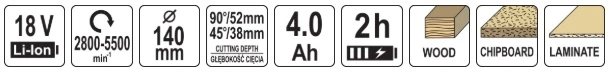 Yato Toya Sa Poland Diskinis pjūklas giluminis akumuliatorinis | 140 mm | 52 (90˚) 38 (45˚) mm | 18V | 4 AH (YT-821701)