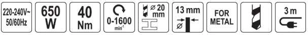 Toya Sa Poland Elektrinis gręžtuvas metalui – didelio sukimo 650 W – 0–1600 min⁻¹ | 13 mm (YT-82048)