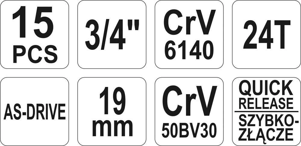 YATO KLUCZE NASADOWE 15 vnt. 3/4" 1334