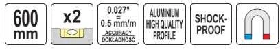 Gulsčiukas aliuminis, magnetinis, 2L, (0.5mm/m) Yato | 60cm