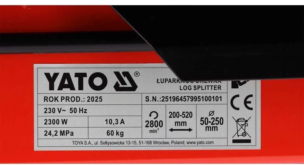 Toya Sa Poland Horizontalus hidraulinis malkų skaldytuvas | 7 t | 2300 W | 230 V (YT-79951)