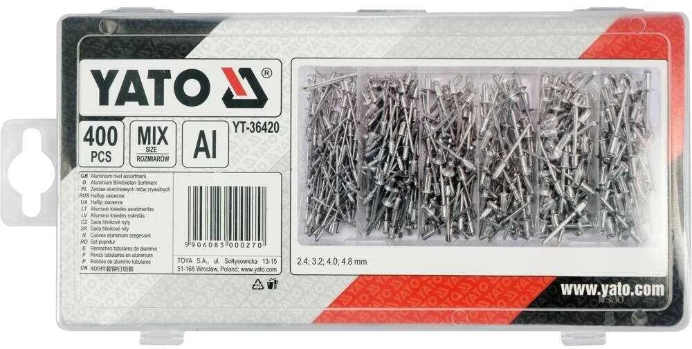 Yato Toya Sa Poland Kniedžių rinkinys dėžutėje | aliumininės aklios kniedės mix | Ø 2,4–4,8 mm | 400 vnt. (YT-36420)
