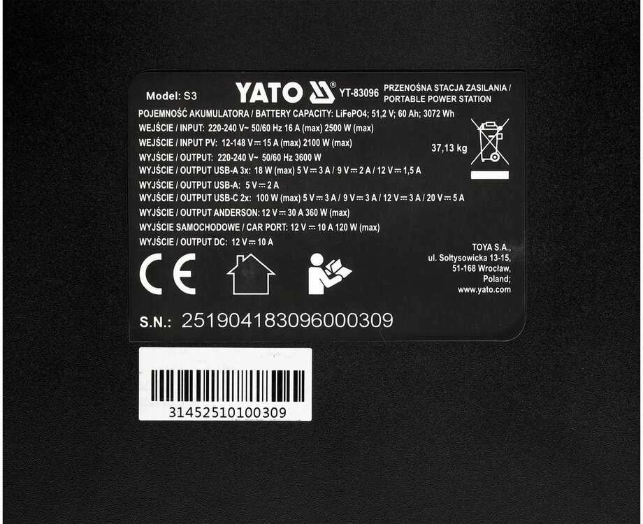 Toya Sa Poland Nešiojama maitinimo stotis LiFePO4 | 3600 W | 3072 Wh (YT-83096)