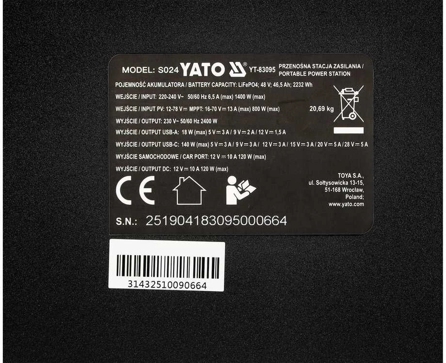 Toya Sa Poland Nešiojama maitinimo stotis LiFePO4 | 2400 W | 2232 Wh (YT-83095)