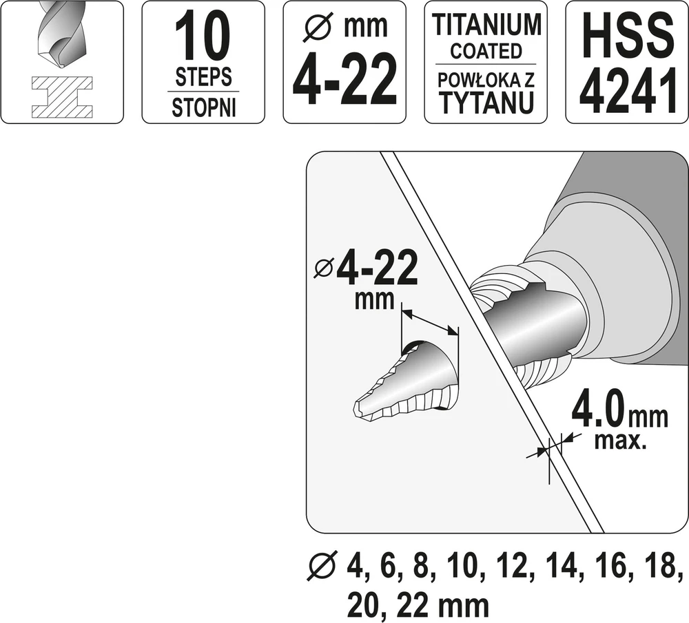 Grąžtas YATO grąžtai STOPNIOWE 4-22mm 44741