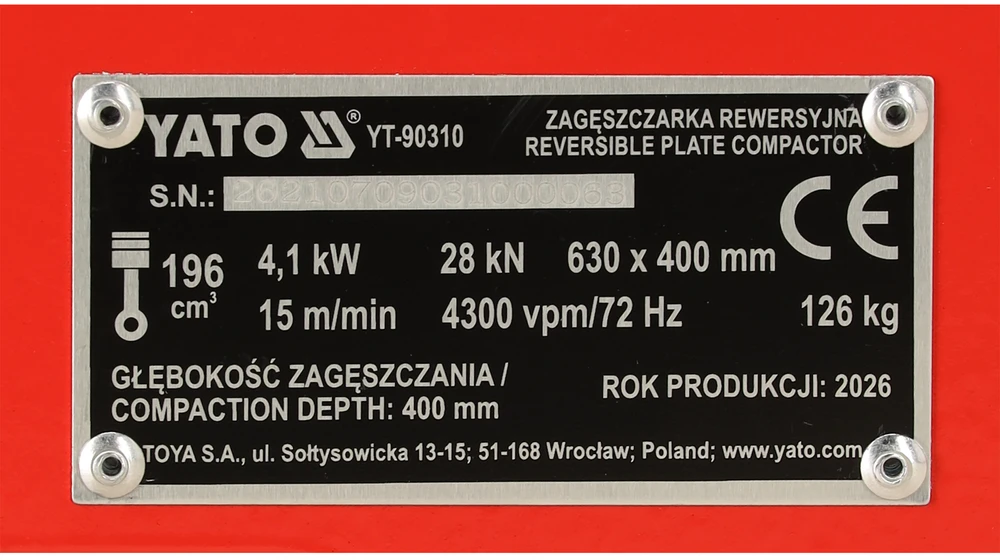 Toya Sa Poland Reversinė benzininė vibroplokštė | 28 kN | 630 × 400 mm | 126 kg (YT-90310)