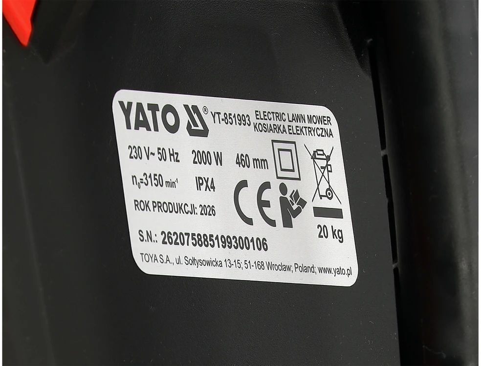 Yato Toya Sa Poland Savaeigė elektrinė vejapjovė | 2000 W | 460 mm (YT-851993)