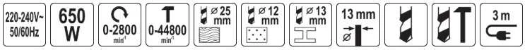 Yato Toya Sa Poland Smūginis gręžtuvas – 650 W, elektroninė reguliacija – 1–13 mm | 0–2800 min⁻¹ (YT-82038)