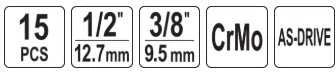 Yato Toya Sa Poland Smūginių trumpų galvučių rinkinys – AS-Drive 1/2", CrMo – 10–27 mm, 15 vnt (YT-10253)