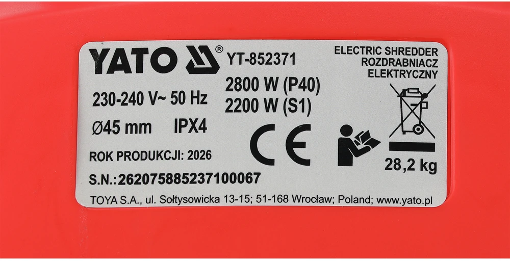 Toya Sa Poland Tylus elektrinis šakų smulkintuvas | 2800 W | iki 45 mm (YT-852371)