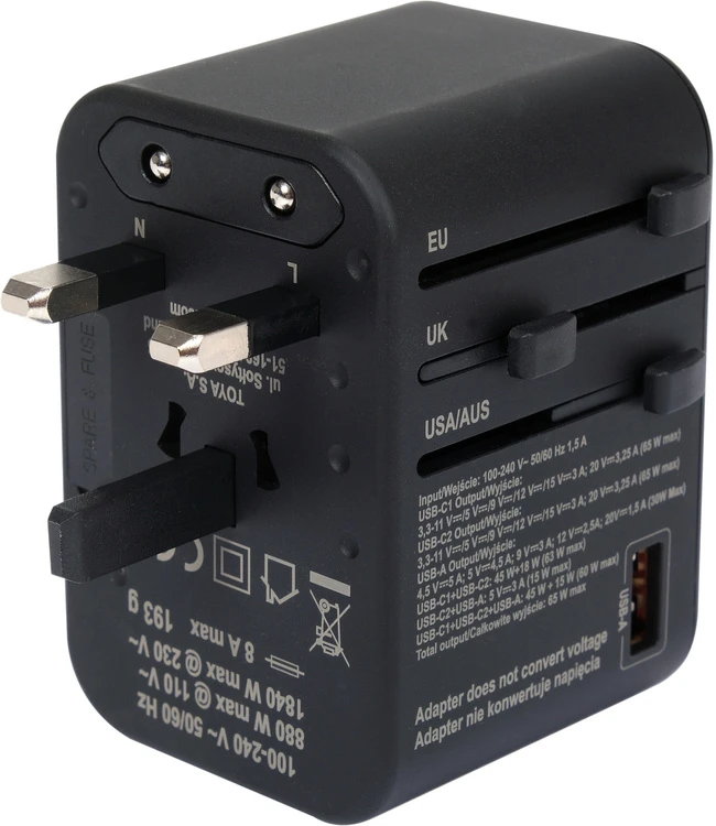 Yato Universalus kelioninis adapteris su USB-C PD 65W, greitas įkroviklis, adapteris kelionėms