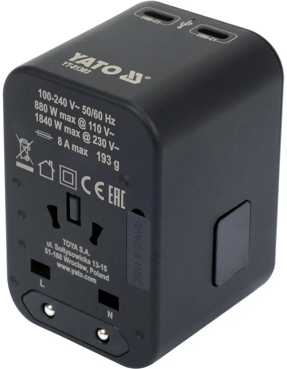 Yato Universalus kelioninis adapteris su USB-C PD 65W, greitas įkroviklis, adapteris kelionėms