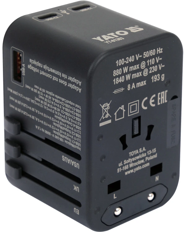 Yato Universalus kelioninis adapteris su USB-C PD 65W, greitas įkroviklis, adapteris kelionėms