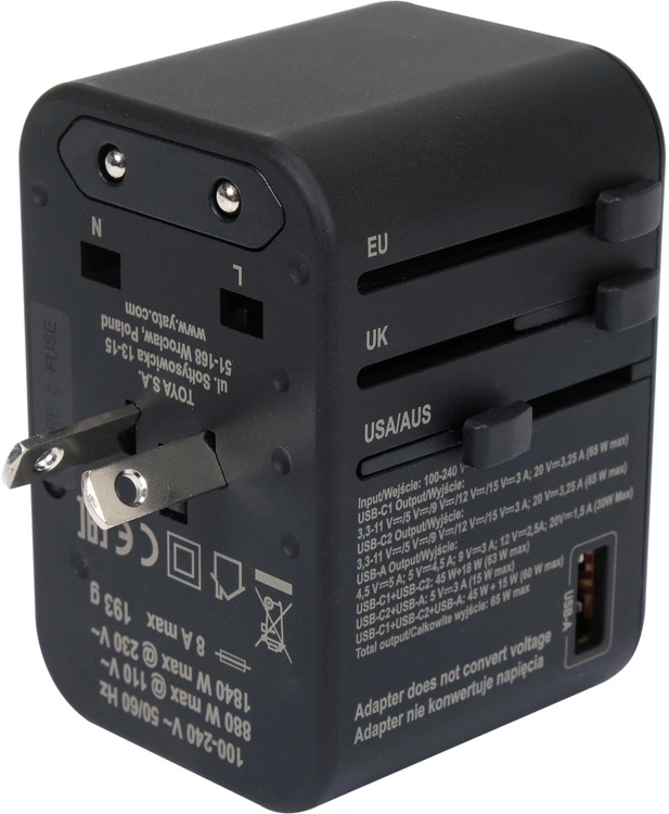 Yato Universalus kelioninis adapteris su USB-C PD 65W, greitas įkroviklis, adapteris kelionėms