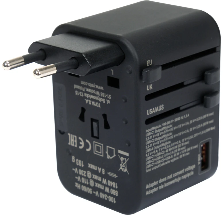 Yato Universalus kelioninis adapteris su USB-C PD 65W, greitas įkroviklis, adapteris kelionėms