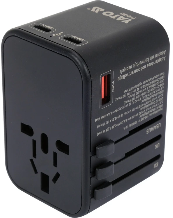Yato Universalus kelioninis adapteris su USB-C PD 65W, greitas įkroviklis, adapteris kelionėms