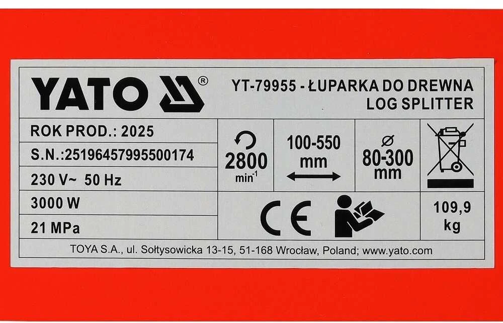 Toya Sa Poland Vertikalus hidraulinis malkų skaldytuvas | 8 t | 3000 W | 230 V (YT-79955)