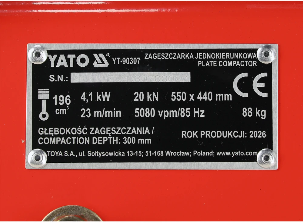 Yato Toya Sa Poland Vienkryptė benzininė vibroplokštė | 20 kN | 550 × 440 mm | 88 kg (YT-90307)