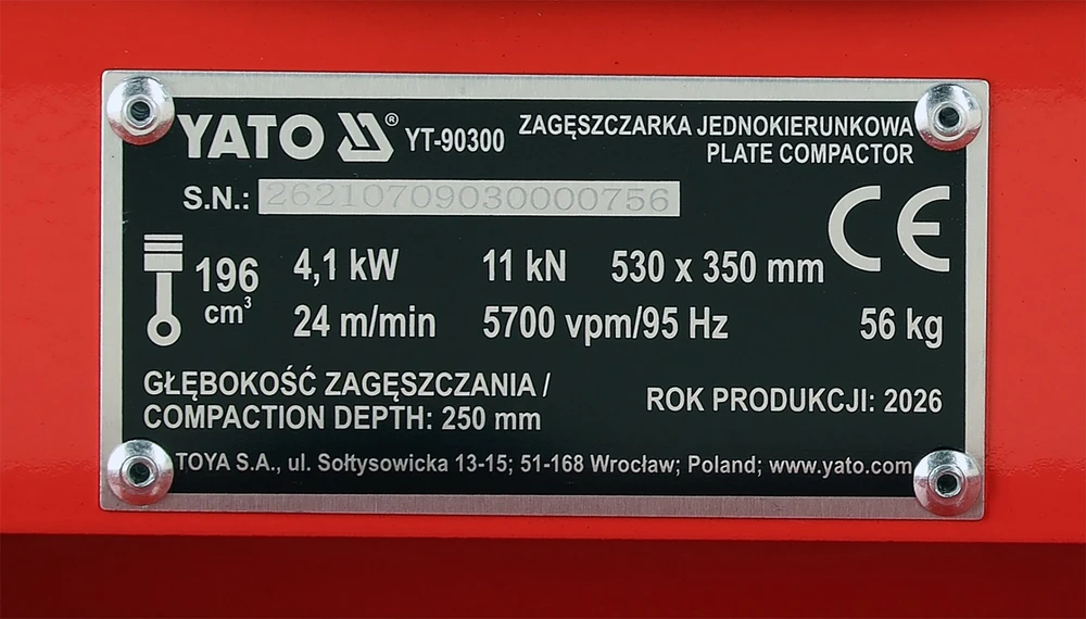 Yato Toya Sa Poland Vienkryptė benzininė vibroplokštė | 11 kN | 6,5 AG | 530 × 350 mm (YT-90300)