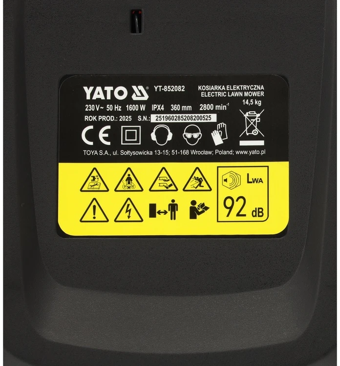 Yato Toya Sa Poland Žoliapjovė elektrinė | 1600W | 360 mm | 45 L (YT-852082)