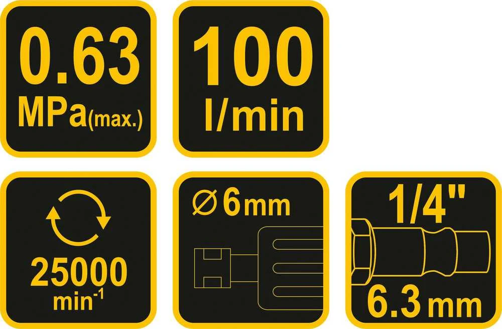 Vorel Toya Sa Poland Pneumatinis tiesinis šlifuoklis | 25 000 aps./min, 6 mm kotas (81107)