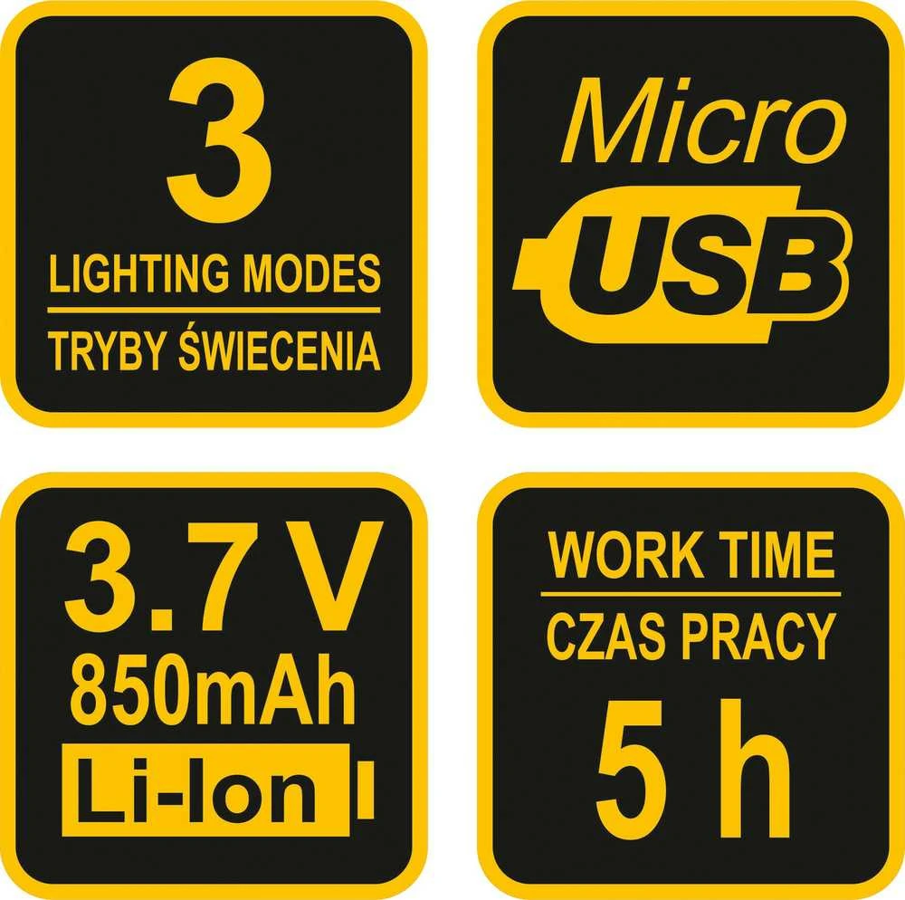 Vorel Toya Sa Poland Prožektorius dedamas ant galvos XPE CREE 3W 4 SMD LED Li-Ion AKU USB (88677)
