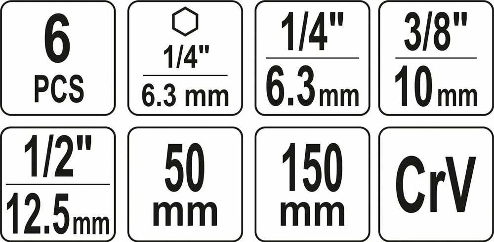 Yato Toya Sa Poland Adapterių komplektas | ilgi ir trumpi | iš 1/4"(6,3 mm) į galvutes 1/4" - 3/8" - 1/2" | 150 mm (YT-04629)