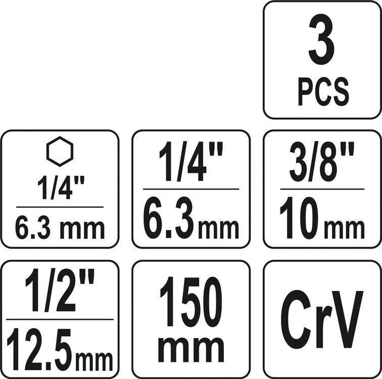 YATO ADAPTER HEX DO NASADEK KPL.3 vnt.. (1/4", 3/8", 1/2")