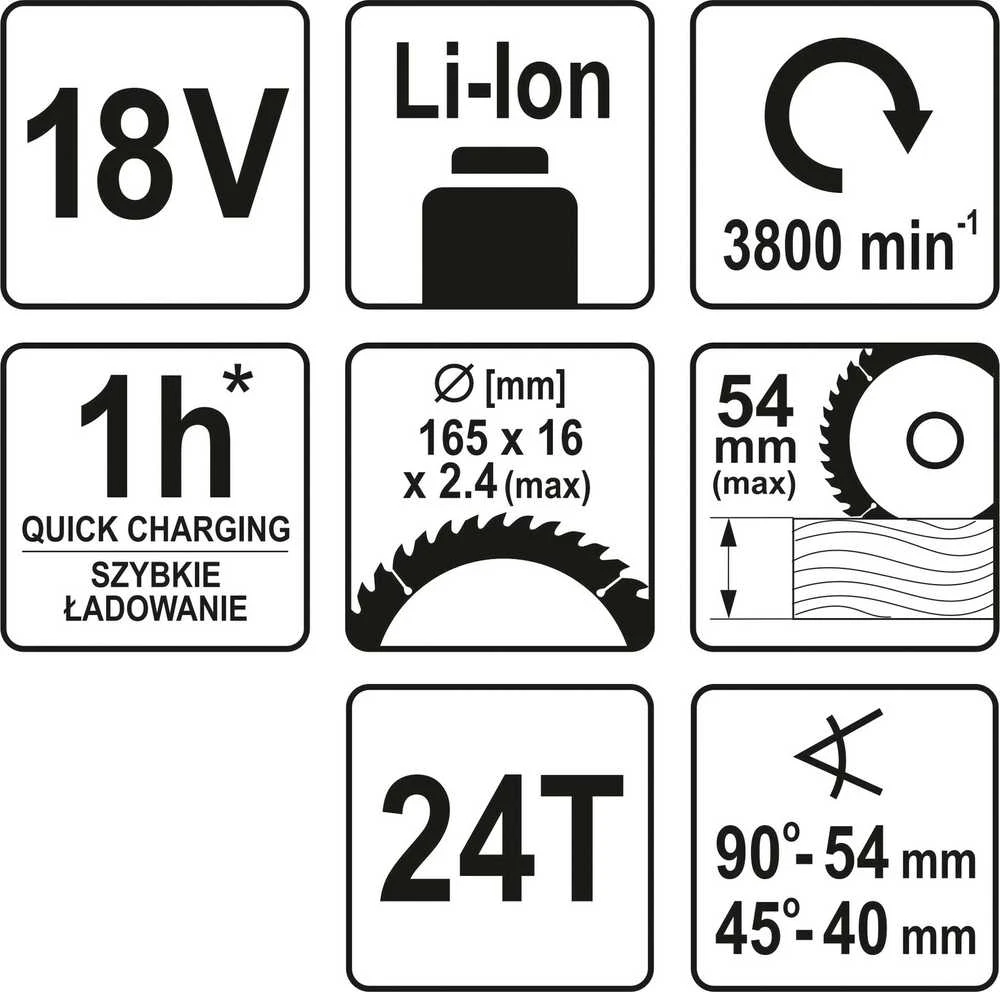 YATO diskinis pjūklas 165mm 18V BE BATERIJAŲ IR Įkroviklio